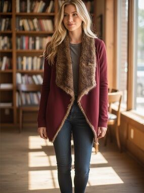 Hollister Burgundy Cardigan with Brown Faux-Fur Trim